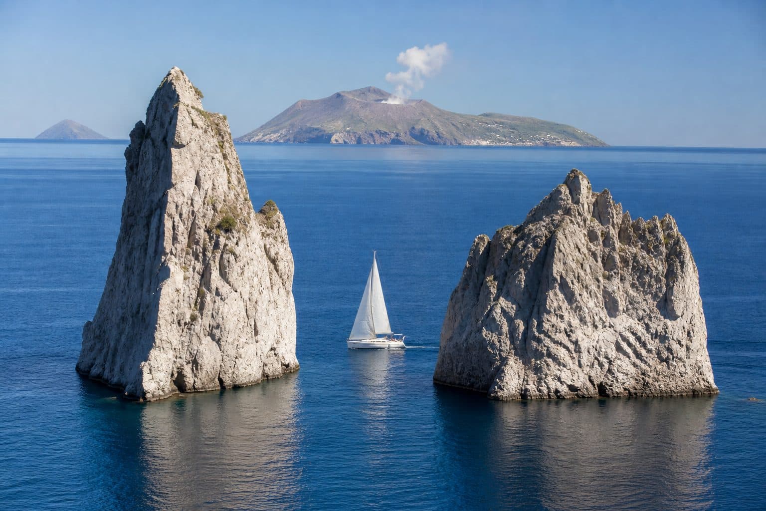 Les faraglioni de Lipari et Vulcano fumant à l'arrière-plan