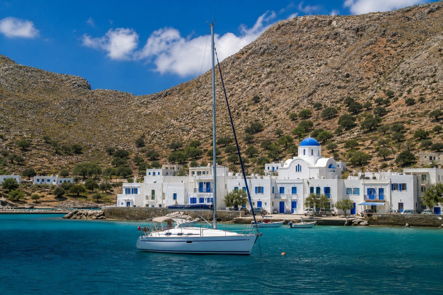 Voilier au mouillage devant un village blanc des Cyclades