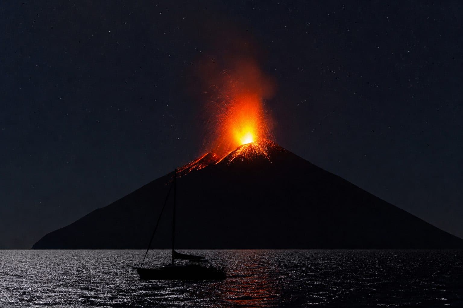 Gerbes incandescentes du Stromboli vues de la mer de nuit
