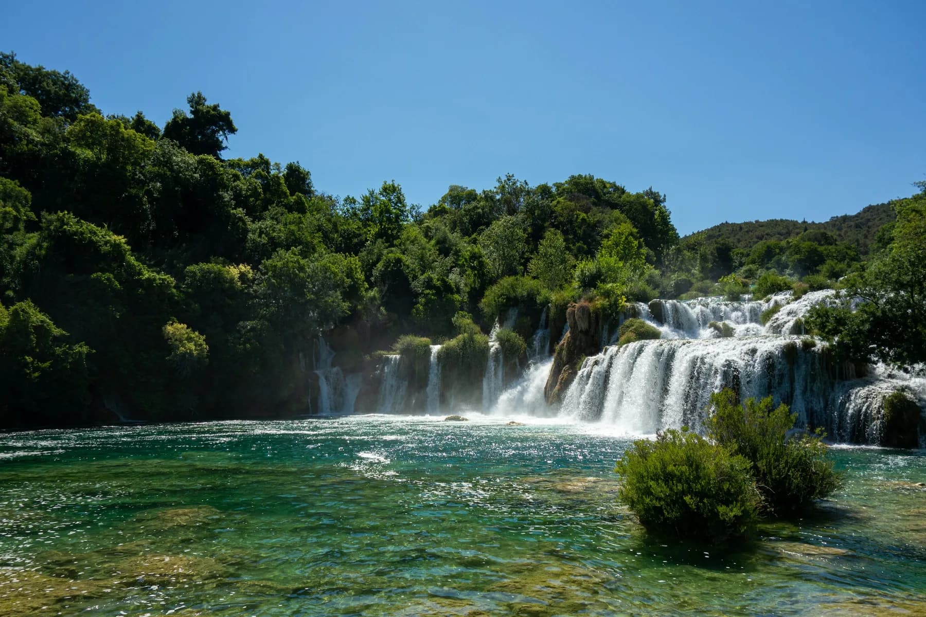 The Krka waterfalls under the trees